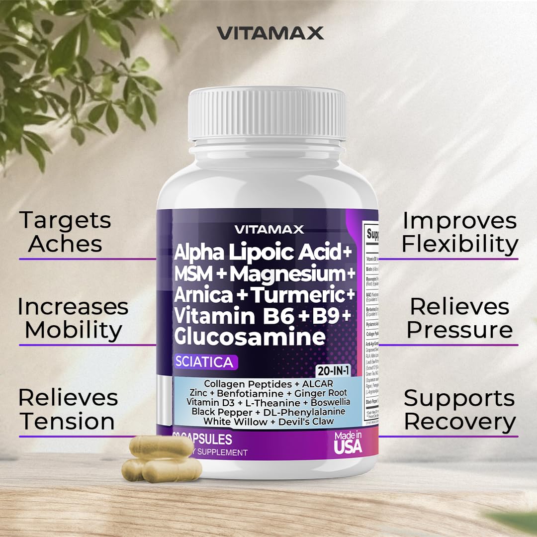 Sciatic Nerve Health Support - Sciatic Nerve Supplement Capsules with Folic Acid, Pea, Glucosamine, MSM, Vitamin B Complex, Alpha Lipoic Acid 300mg – 60ct – Made in USA VitamaxBuy Supplements Australia