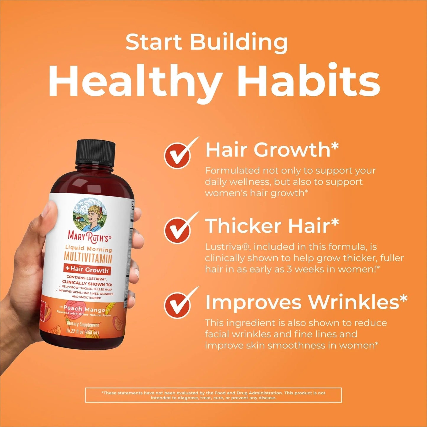 MaryRuth's Morning Multivitamin +Hair Growth (Peach Mango, 15oz), Nighttime Multimineral (Coconut, 15oz) & Probiotic Drops (2oz) | MARYRUTH'S
