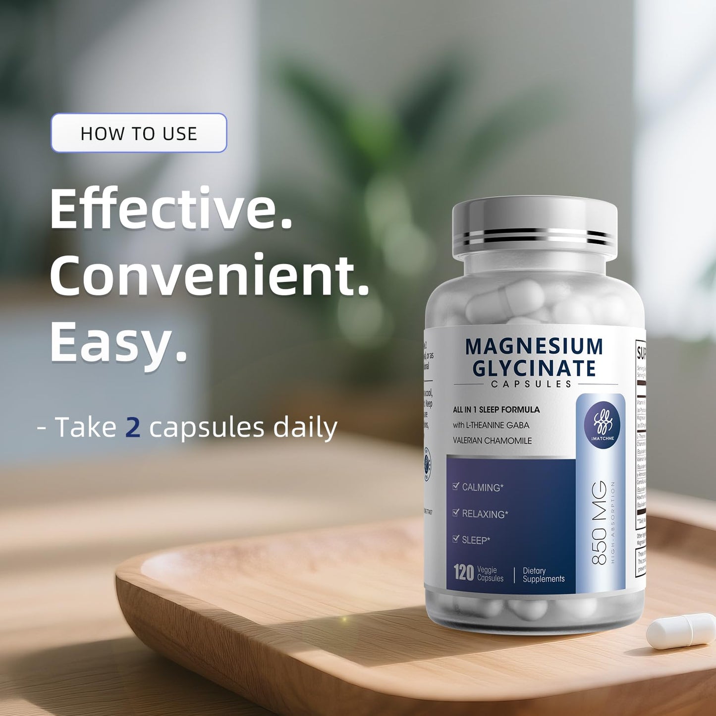 iMATCHME Magnesium Glycinate 850mg Capsules with L-Theanine, Chamomile & GABA for Sleep, Calmness, Muscle, Bone Health & Immune Support, Magnesium for Women and Men,