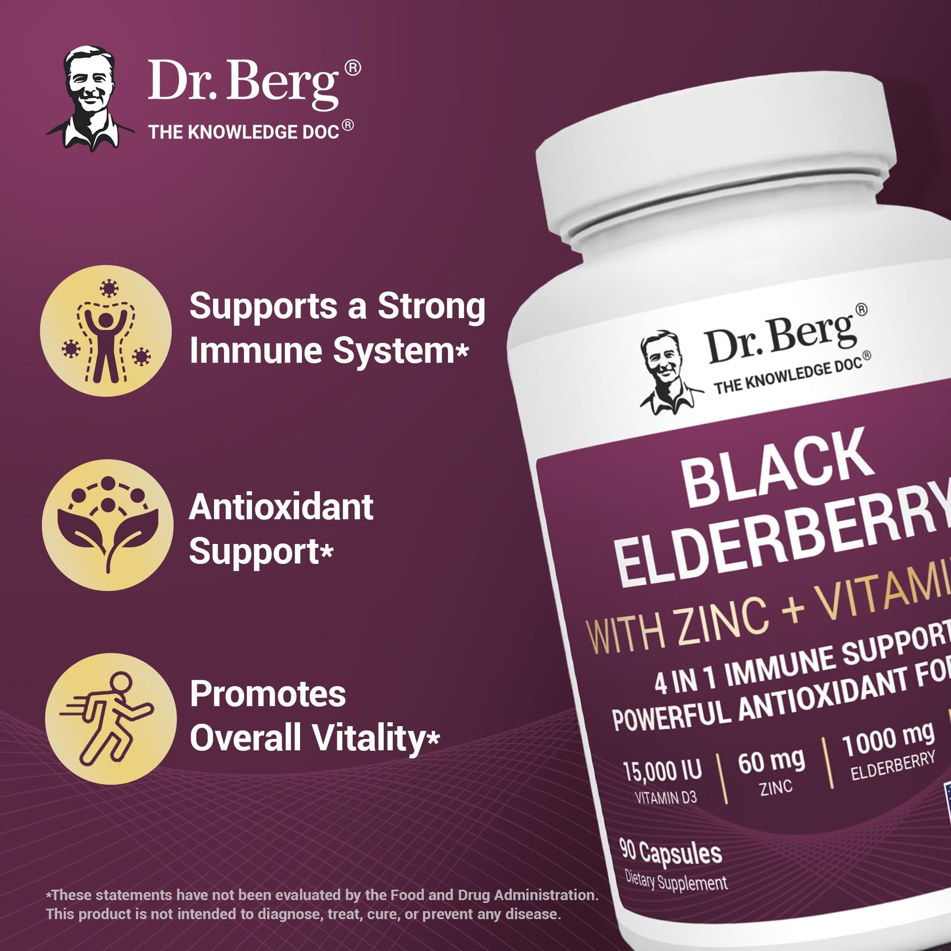 Dr. Berg Black Elderberry Capsules (Advanced Immune Support*) with 15,000 IU Vitamin D, 60 mg of Zinc, & 90 mg of Camu Camu - (4-in-1) Sambucus Elderberry Immune Support Supplement - 90 Capsules Dr. Berg NutritionalsBuy Supplements Australia