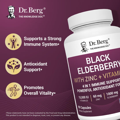 Dr. Berg Black Elderberry Capsules (Advanced Immune Support*) with 15,000 IU Vitamin D, 60 mg of Zinc, & 90 mg of Camu Camu - (4-in-1) Sambucus Elderberry Immune Support Supplement - 90 Capsules Dr. Berg NutritionalsBuy Supplements Australia