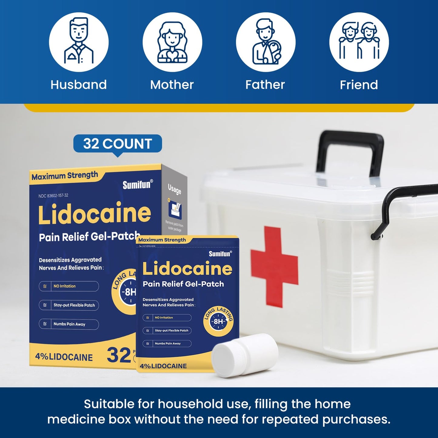 Sumifun 4% Lidocaine Patches Maximum Strength- Pain Relieving Gel Patch for Back, Shoulder, Muscle, Knee Pain Relief,Neck & Joint Pains-Numbs Away Pain, Apply for Up to 8 Hours (Large, Count, 32) SumifunBuy Supplements Australia