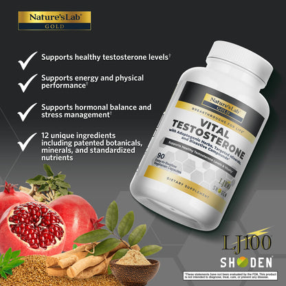 Nature's Lab Gold Vital Testosterone with Adaptogenic Herbs, Targeted Minerals and Bioactive Compounds* - Supports Healthy Testosterone Levels & Vitality* - 90 Capsules (30 Day Supply) Nature's LabBuy Supplements Australia