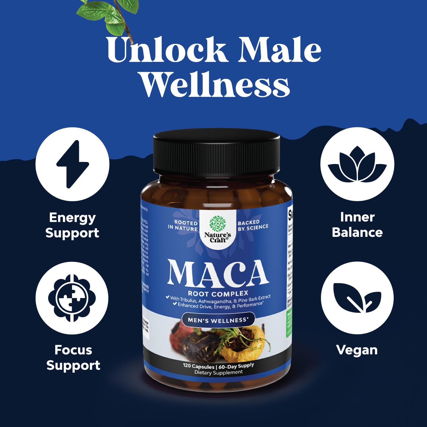 Potent Black Maca Root Capsules for Men - Herbal Wellness Supplement with Siberian Ginseng Ashwagandha and Black Maca Root - Men’s Wellness Supplement to Support General Health - 120 Count Natures CraftBuy Supplements Australia