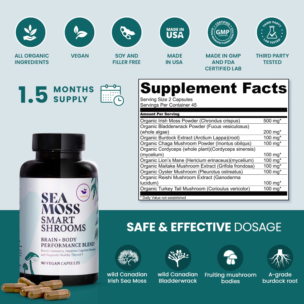 HAPPY FOX Irish Sea Moss Capsules & Mushroom Complex - Organic Seamoss with Adaptogens for Brain Health, 1500mg, 90 Vegan Capsules, Organic Mushroom Supplement HAPPY FOXBuy Supplements Australia