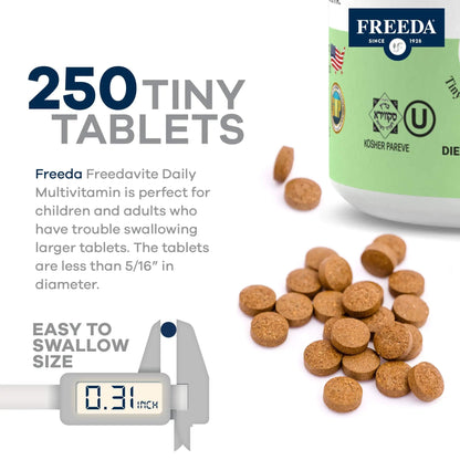 Freedavite Tiny Tablet - Moderate Multivitamin for Men and Women - Pure Vitamin A, C, D, E, B1, B2, B6, B12, Biotin, Calcium, Zinc, Iron, Magnesium FREEDA