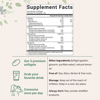 Ultra Omega 3-6-9 3600mg Perserv, 300 Burpless Softgels | Lemon Flavor Micro IngredientsBuy Supplements Australia