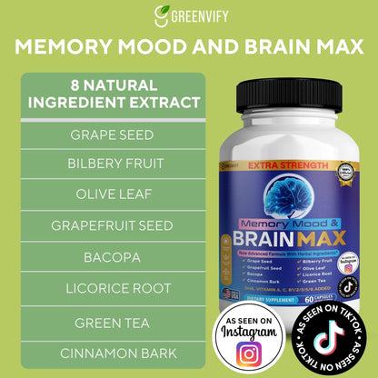 Memory, Mood & Brain Max Extra Strength Supplement with Herbal Ingredients, 60 Capsules, DHA, Vitamins, Bacopa, Green Tea (1) GREENVIFYBuy Supplements Australia