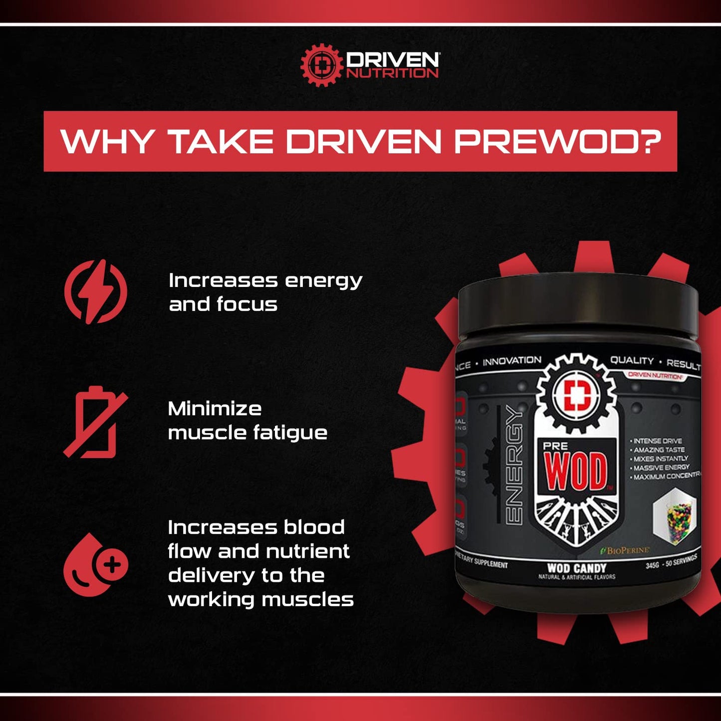 Driven PREWOD Energy Matrix, 50 Servings - Pre-Workout Supplement with Caffeine & Beta-Alanine - Energy, Focus, Strength, & Endurance for High-Intensity Training & Weight Lifting - Cherry Lime