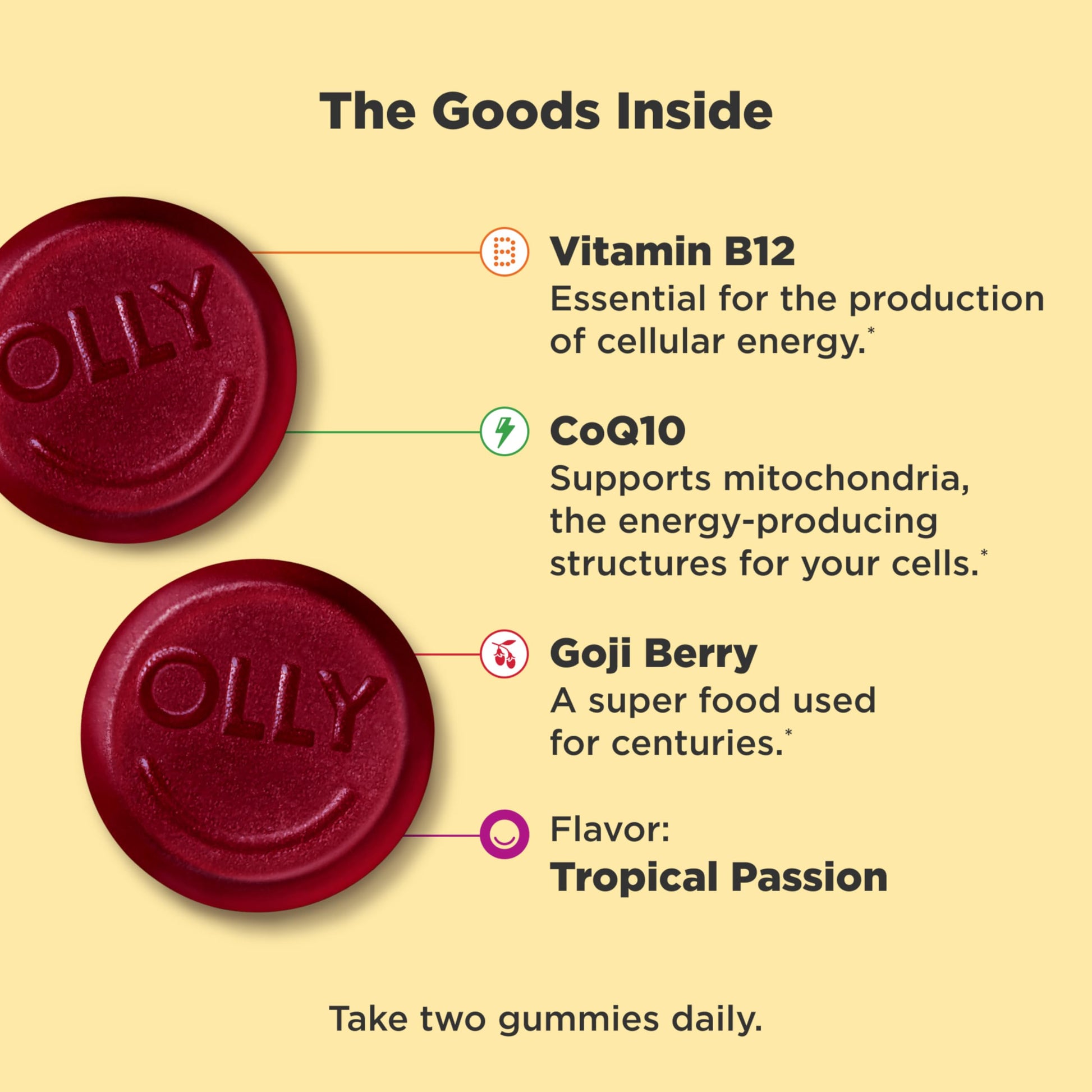 OLLY Daily Energy Gummy, Caffeine Free, Vitamin B12, CoQ10, Goji Berry, Adult Chewable Supplement, Tropical Flavor - 60 Count OLLYBuy Supplements Australia
