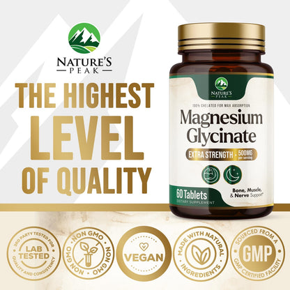 Magnesium Glycinate 500mg Per Serving - High Absorption Chelated Magnesium Supplement for Muscle, Bone and Heart Health Support - Easy Digestion & Gentle on Your Stomach - USA Bottled - 60 Tablets Nature's PeakBuy Supplements Australia