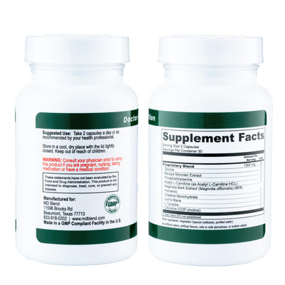 M.D. Blend Brain Support for Memory and Focus - Brain Supplement for Memory & Neural Function - Premium L-Tyrosine, Phosphatidylserine, Bacopa Monnieri Focus Supplement, 30 Capsules (Pack of 1) M.D. BlendBuy Supplements Australia