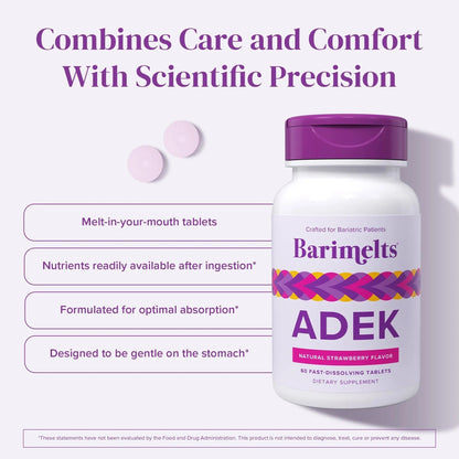 Barimelts ADEK - 60 Fast-Dissolving Tablets (2-Month Supply) - Sugar-Free Bariatric Vitamins for Women Including Vitamin A, Vitamin D, Vitamin E BariMelts
