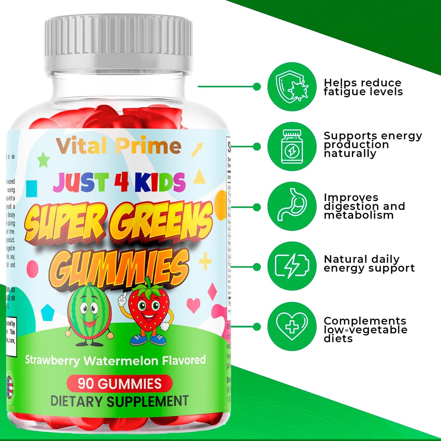 FourRoar Vital Prime Super Green Gummies for Kids 90 Count Strawberry & Watermelon Flavor | Fruit and Vegetable Gummies | Vegan Veggies Gummy Multivitamin for Kids FourRoarBuy Supplements Australia