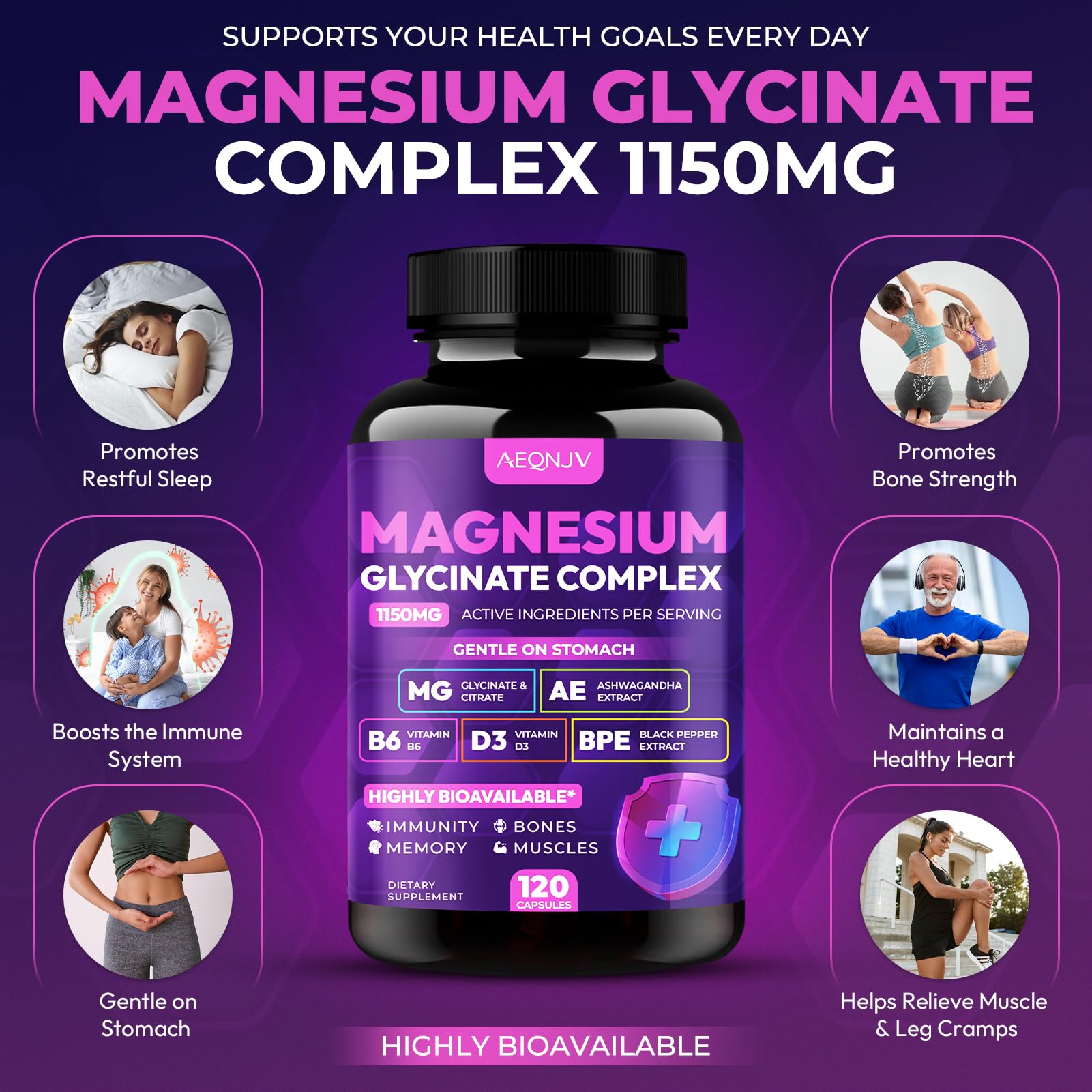 Magnesium Glycinate Complex 1150mg - Gentle on Stomach High Absorption Magnesium Capsules with Citrate, Silica, Ashwagandha & Vitamin B6 for Zzz, Stress Relief, Muscle Support for Adults, Women & Men AEQNJVBuy Supplements Australia