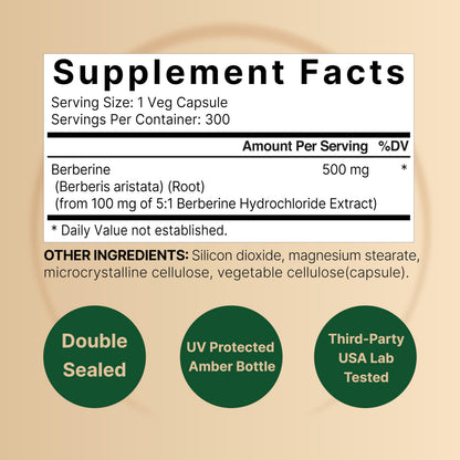 Berberine Supplement 500mg | 300 Veggie Capsules, 97% Pure Berberine HCL – 5:1 Root NatureBellBuy Supplements Australia