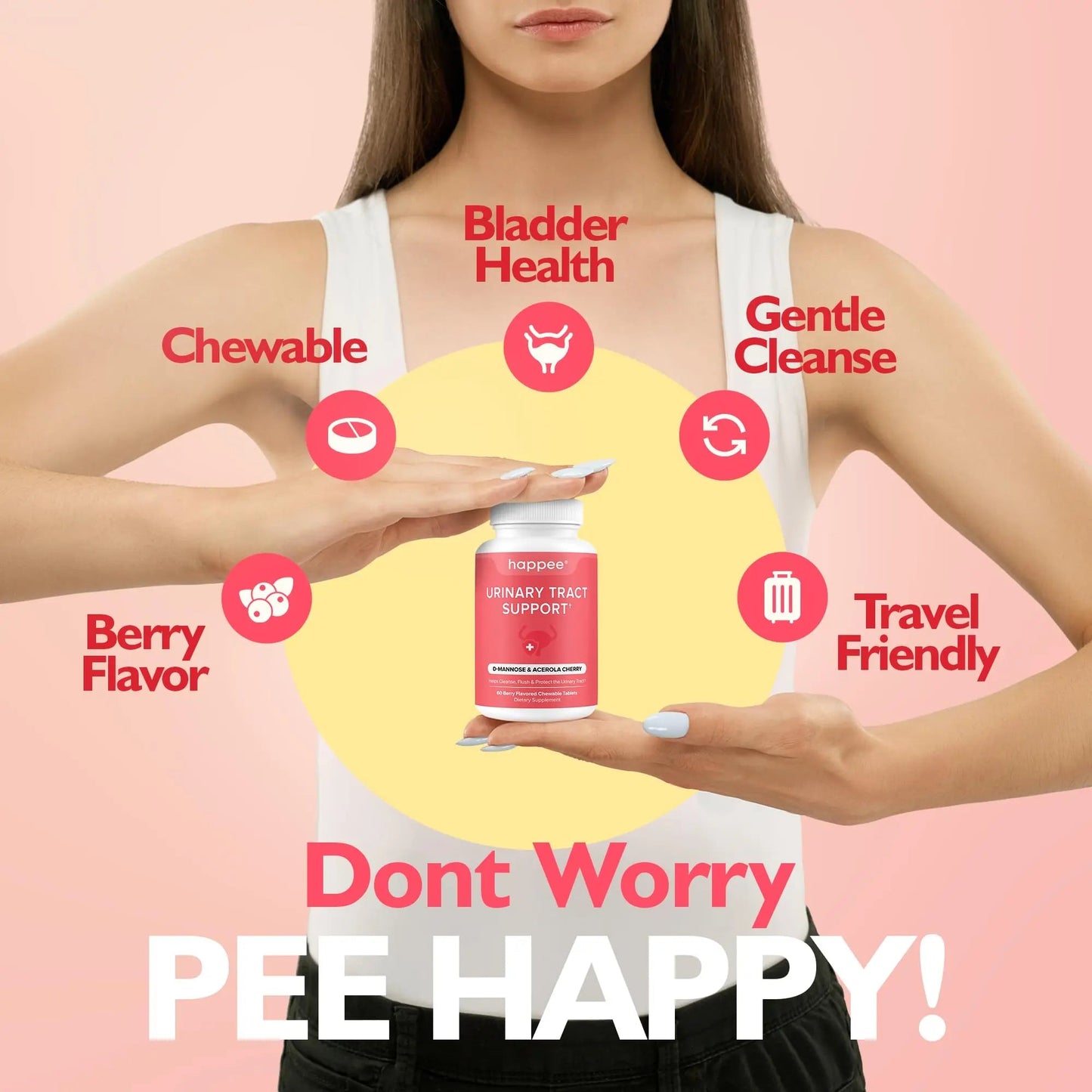Happee Urinary Tract Health Supplement for Women & Men – Fast-Acting UTI Relief and Prevention, 500mg D-Mannose & Antioxidants, Supports Kidney and Bladder Health, Berry Flavor, 60 Chewables HappeeBuy Supplements Australia