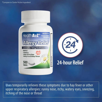 HealthA2Z® Allergy Relief | Loratadine 10mg Antihistamine | 500 Tablets | Dye Free | Relief from Itchy Throat, Sneezing, Runny Noses | 24-Hours Allergy Medicine HealthA2ZBuy Supplements Australia
