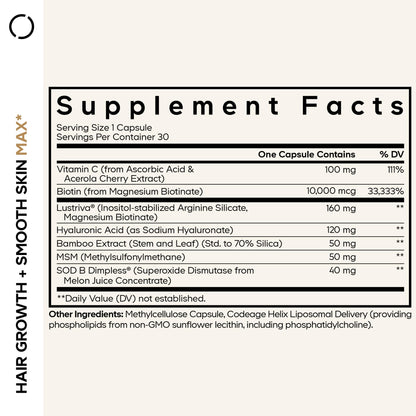 Codeage Hair Growth + Smooth Skin Max Vitamins Supplement - Patented Lustriva & SOD B Dimpless Superoxide Dismutase - Hair Growth Health Skin Cellulite Support - Biotin, Vitamin C, MSM - 30 Capsules CodeageBuy Supplements Australia