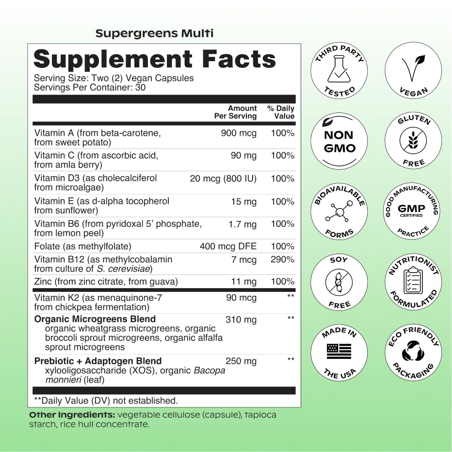 wholier Supergreens Multi, Daily Greens, Vegan Multivitamin for Women + Men, Whole Food Vitamins + Minerals, Prebiotics for Gut Health, Adaptogens (60 Vegan Capsules) Glass Bottle wholierBuy Supplements Australia