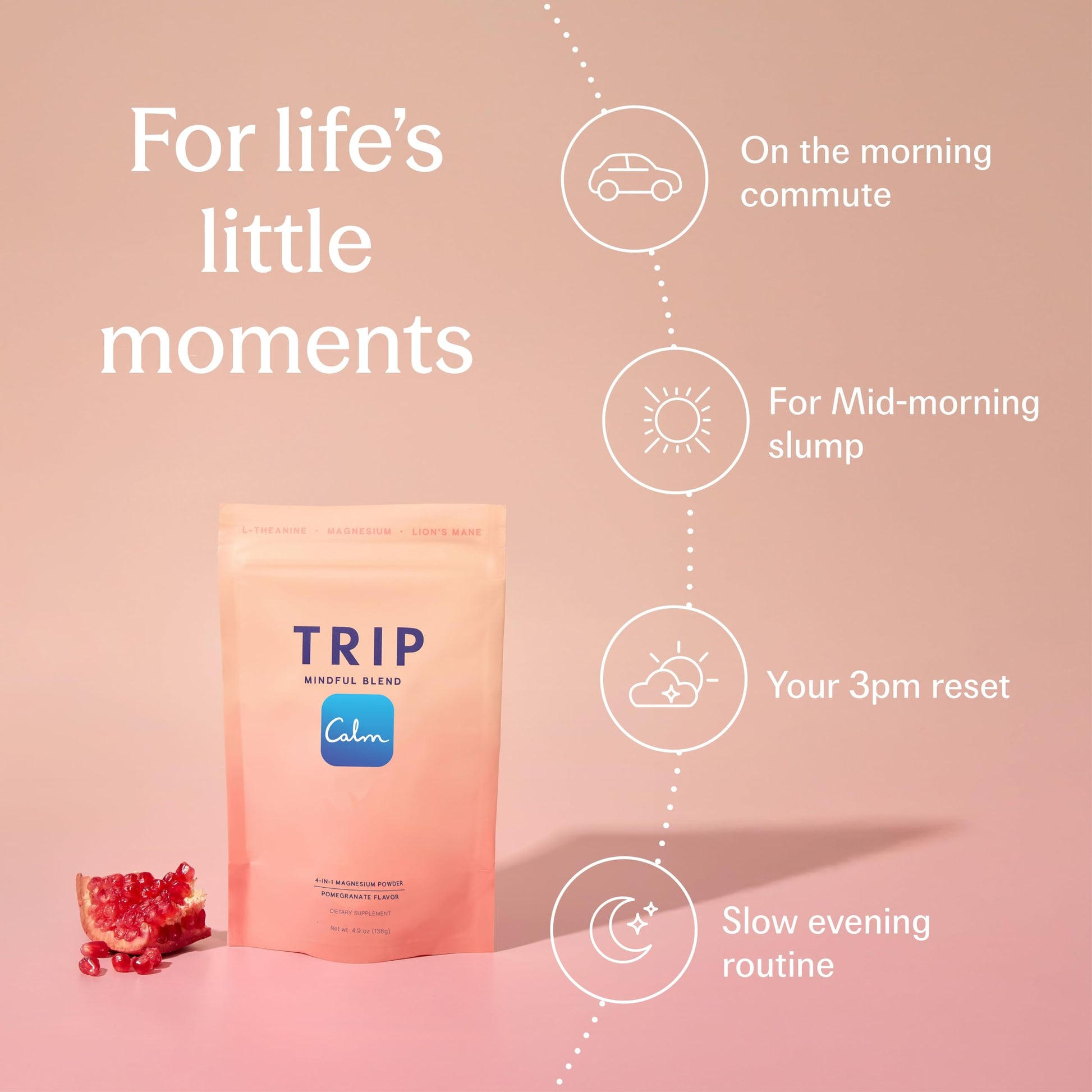 TRIP Magnesium Glycinate Powder with L-Theanine & Lion’s Mane, Sugar Free Magnesium Supplement for Adults, 250mg Magnesium per Drink Mix Serving, Pomegranate Orange Blossom, 1 Bag - 30 Servings TRIPBuy Supplements Australia
