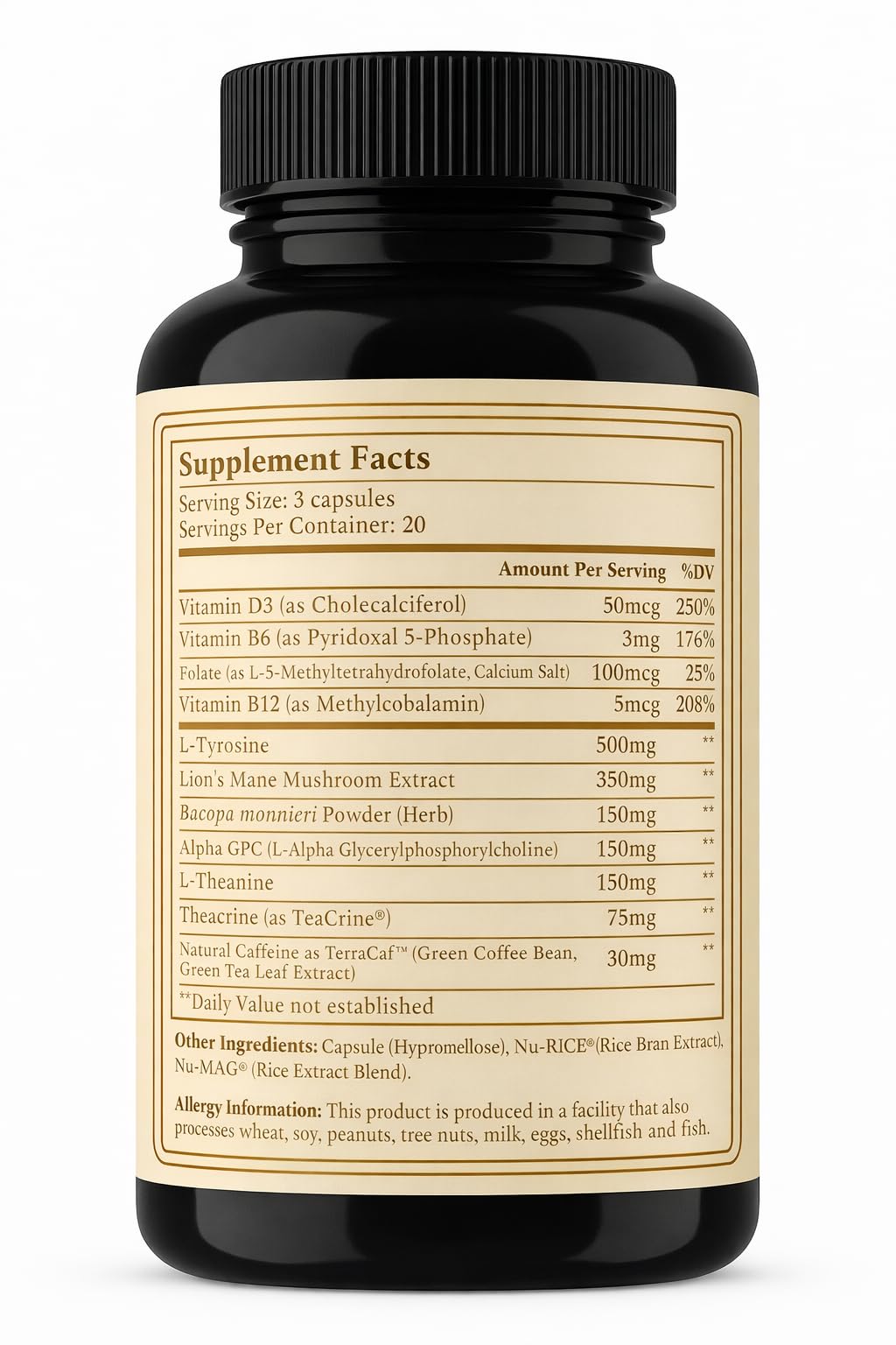 AURUM BOTANICA Best Brain Supplement for Memory and Focus - L-Theanine, Lion's Main, Vitamin B6, B12, D3, Folate, L-Tyrosine, Bacopa Monnieri, Alpha GPC, Theacrine, 30mg of Natural Caffeine (60 Count) AURUM BOTANICABuy Supplements Australia