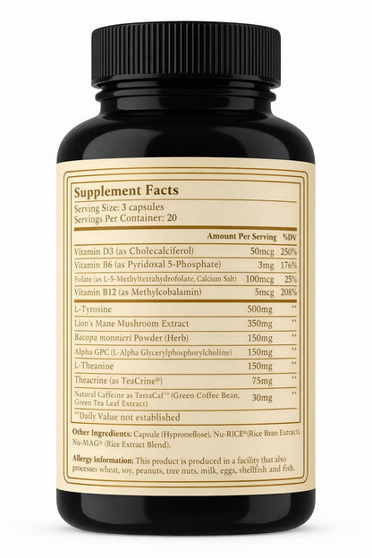 AURUM BOTANICA Best Brain Supplement for Memory and Focus - L-Theanine, Lion's Main, Vitamin B6, B12, D3, Folate, L-Tyrosine, Bacopa Monnieri, Alpha GPC, Theacrine, 30mg of Natural Caffeine (60 Count) AURUM BOTANICABuy Supplements Australia