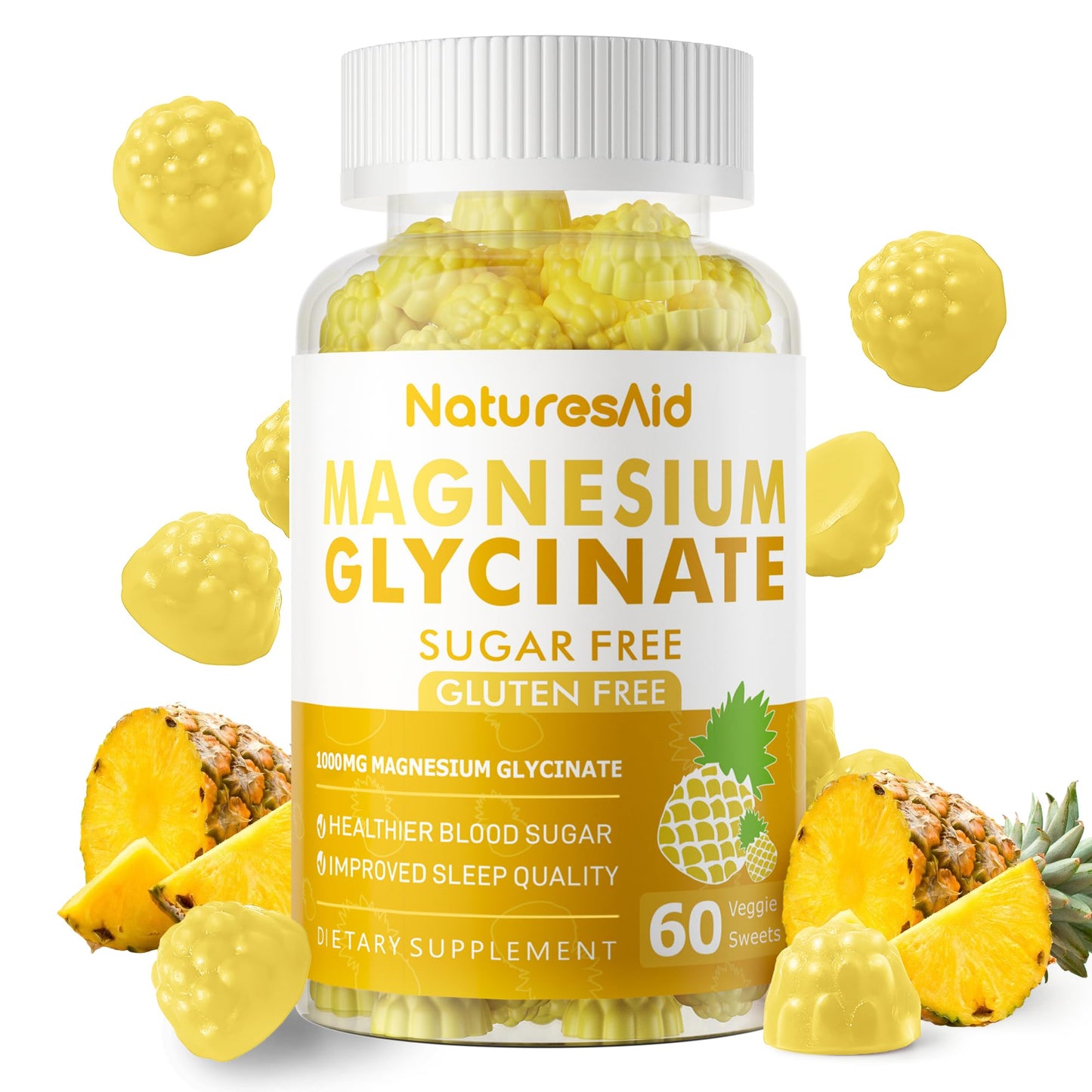 Magnesium Glycinate Gummies 1000mg - Sugar Free Magnesium Potassium Supplement with Vitamin D, B6, CoQ10 for Calm Mood & Sleep Support - 60 Pineapple Gummies -1 Pack Natures AidBuy Supplements Australia