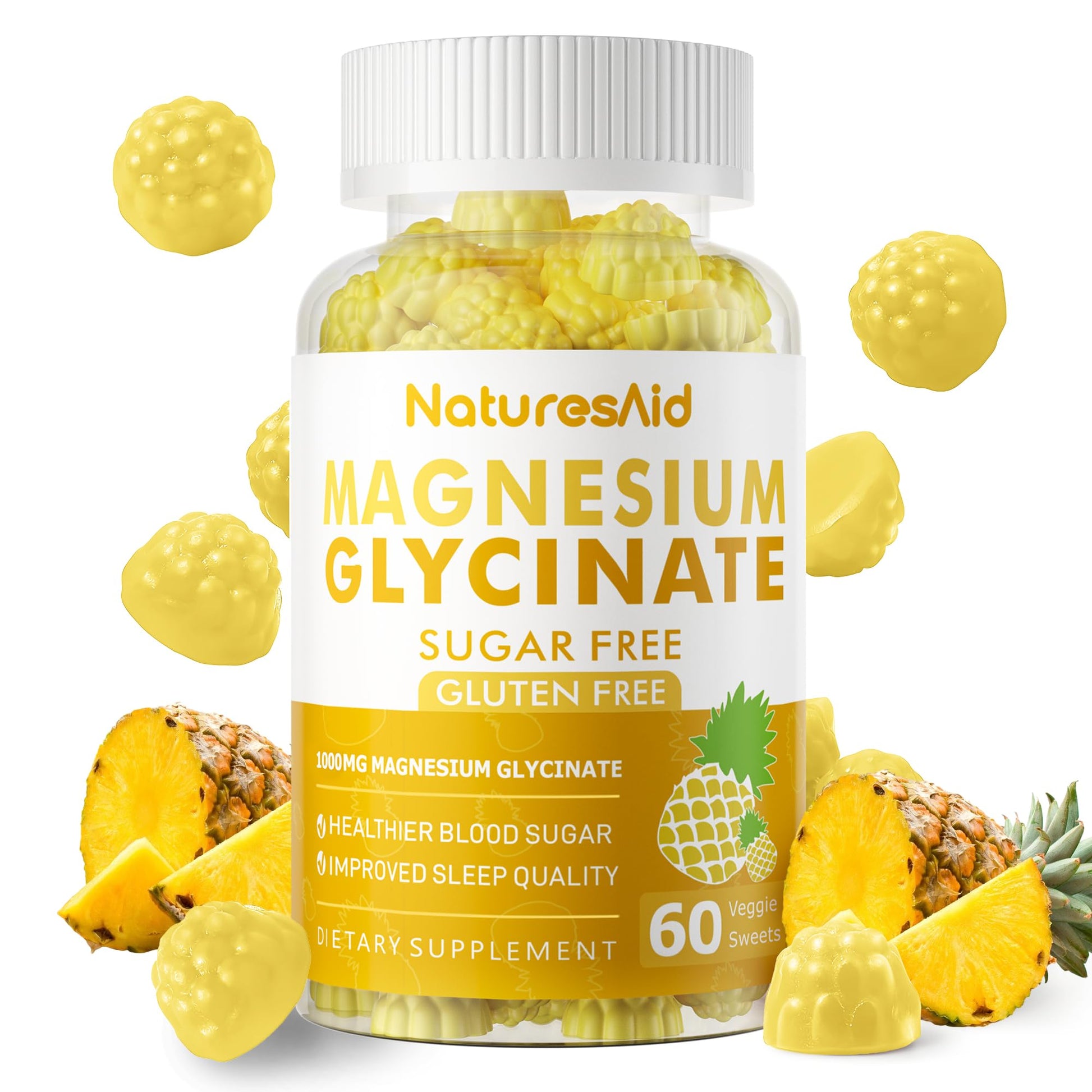 Magnesium Glycinate Gummies 1000mg - Sugar Free Magnesium Potassium Supplement with Vitamin D, B6, CoQ10 for Calm Mood & Sleep Support - 60 Pineapple Gummies -1 Pack Natures AidBuy Supplements Australia