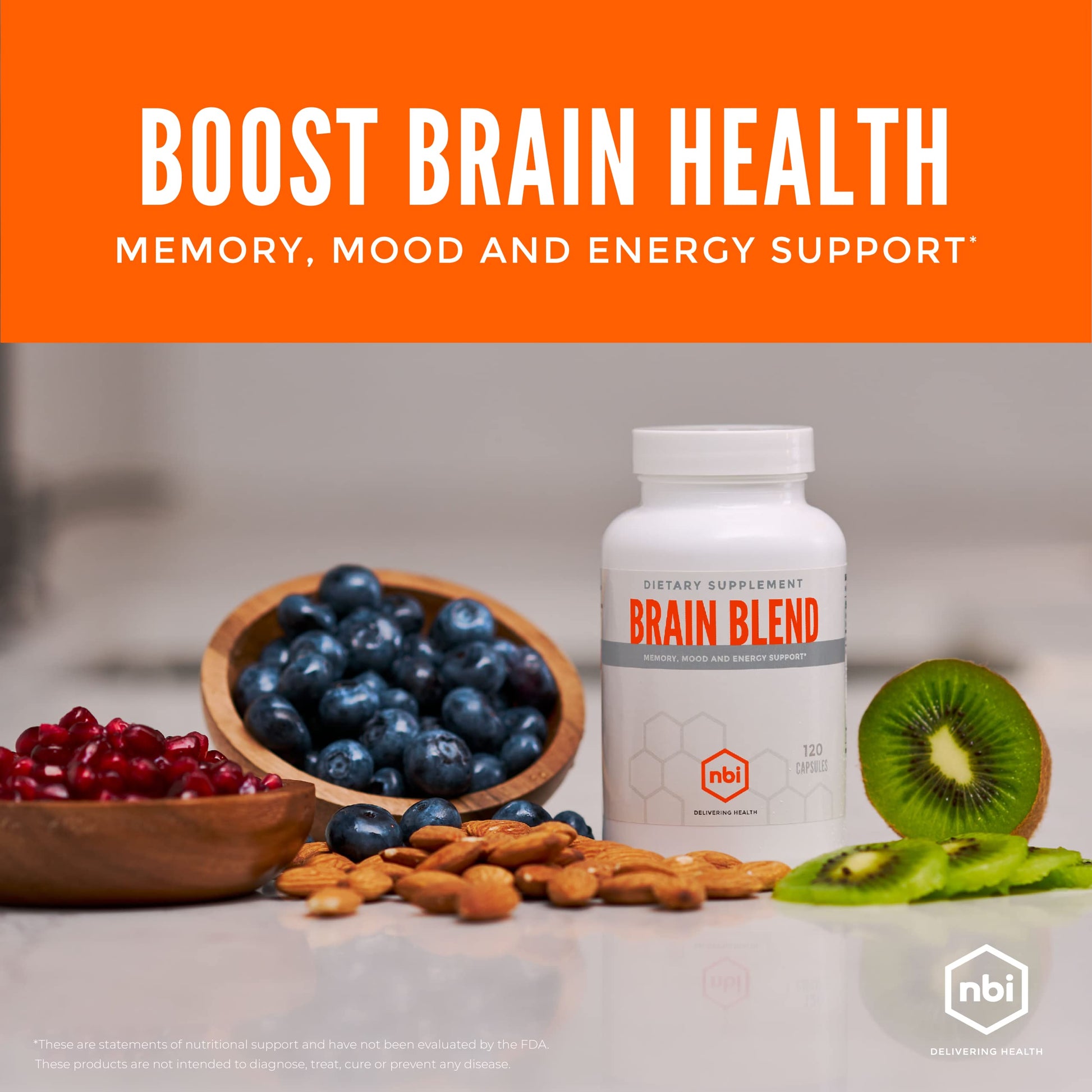 NBI Brain Blend for Memory, Focus, Concentration, Cognitive Function for Men & Women | Caffeine-Free with ALCAR, Alpha Lipoic Acid, Huperzine A, Turmeric | Nootropic | 120ct Capsules NBIBuy Supplements Australia
