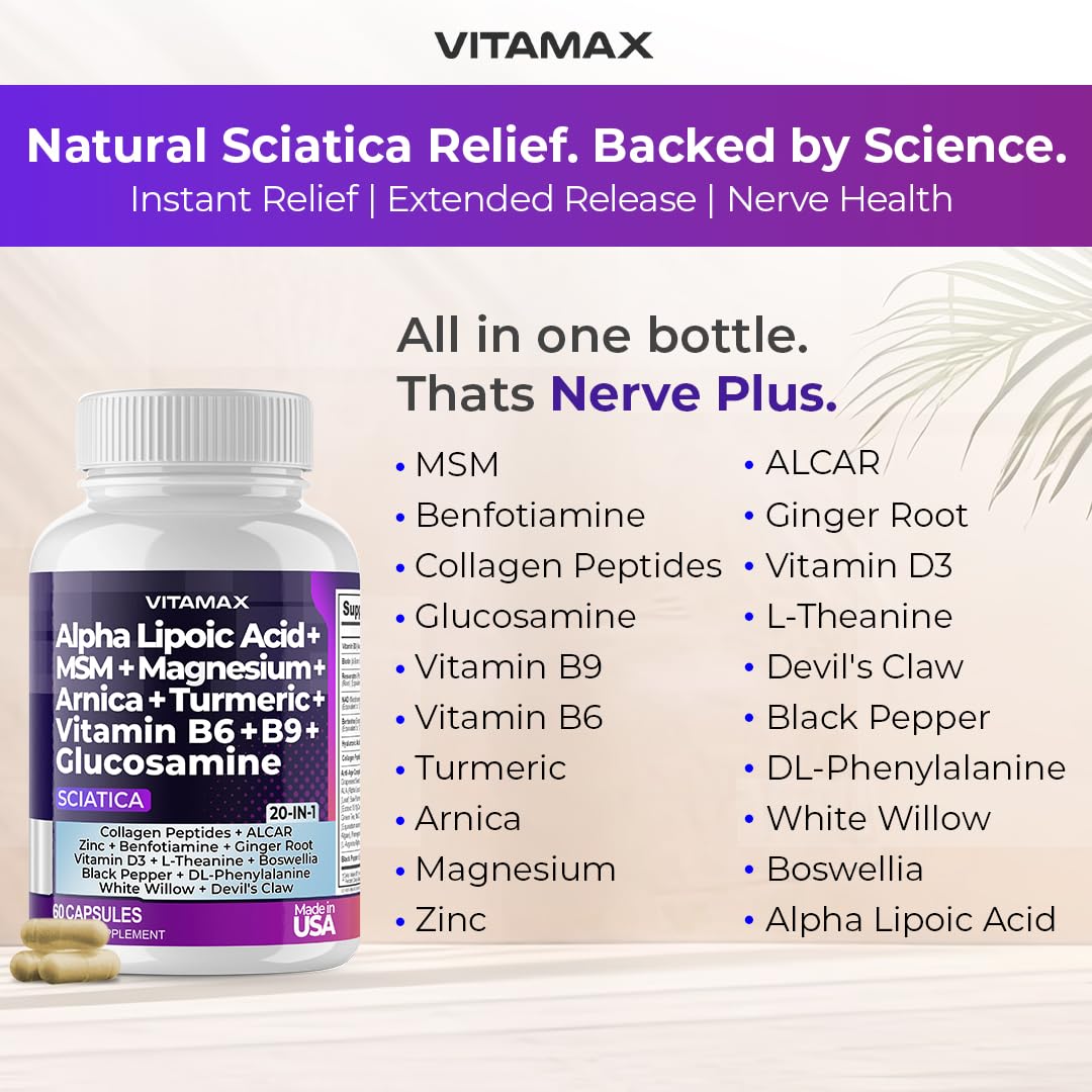 Sciatic Nerve Health Support - Sciatic Nerve Supplement Capsules with Folic Acid, Pea, Glucosamine, MSM, Vitamin B Complex, Alpha Lipoic Acid 300mg – 60ct – Made in USA VitamaxBuy Supplements Australia