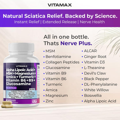 Sciatic Nerve Health Support - Sciatic Nerve Supplement Capsules with Folic Acid, Pea, Glucosamine, MSM, Vitamin B Complex, Alpha Lipoic Acid 300mg – 60ct – Made in USA VitamaxBuy Supplements Australia