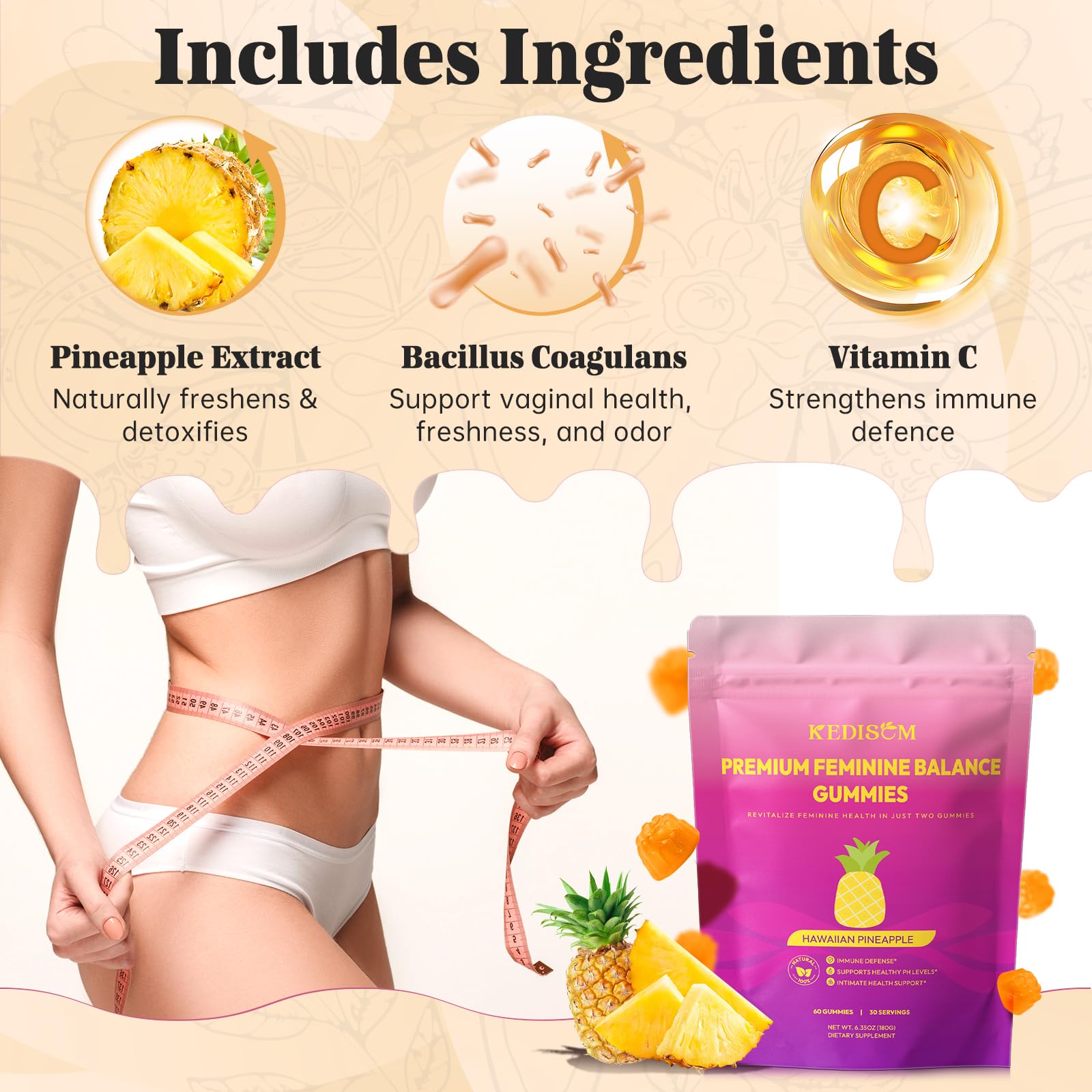 KEDISOM Premium Feminine Balance Gummies - for Women’s Health & Wellness - Immune Support - Vegan, Gluten-Free - Hawaiian Pineapple - 60 Gummies - 30 Servings KEDISOMBuy Supplements Australia
