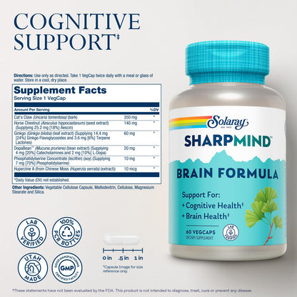 SOLARAY SharpMind Brain Support Formula - Nootropic Brain Supplements - Cognitive and Brain Health Support with Ginkgo Biloba - 60-Day Guarantee, 60 Servings, 60 VegCaps SOLARAYBuy Supplements Australia