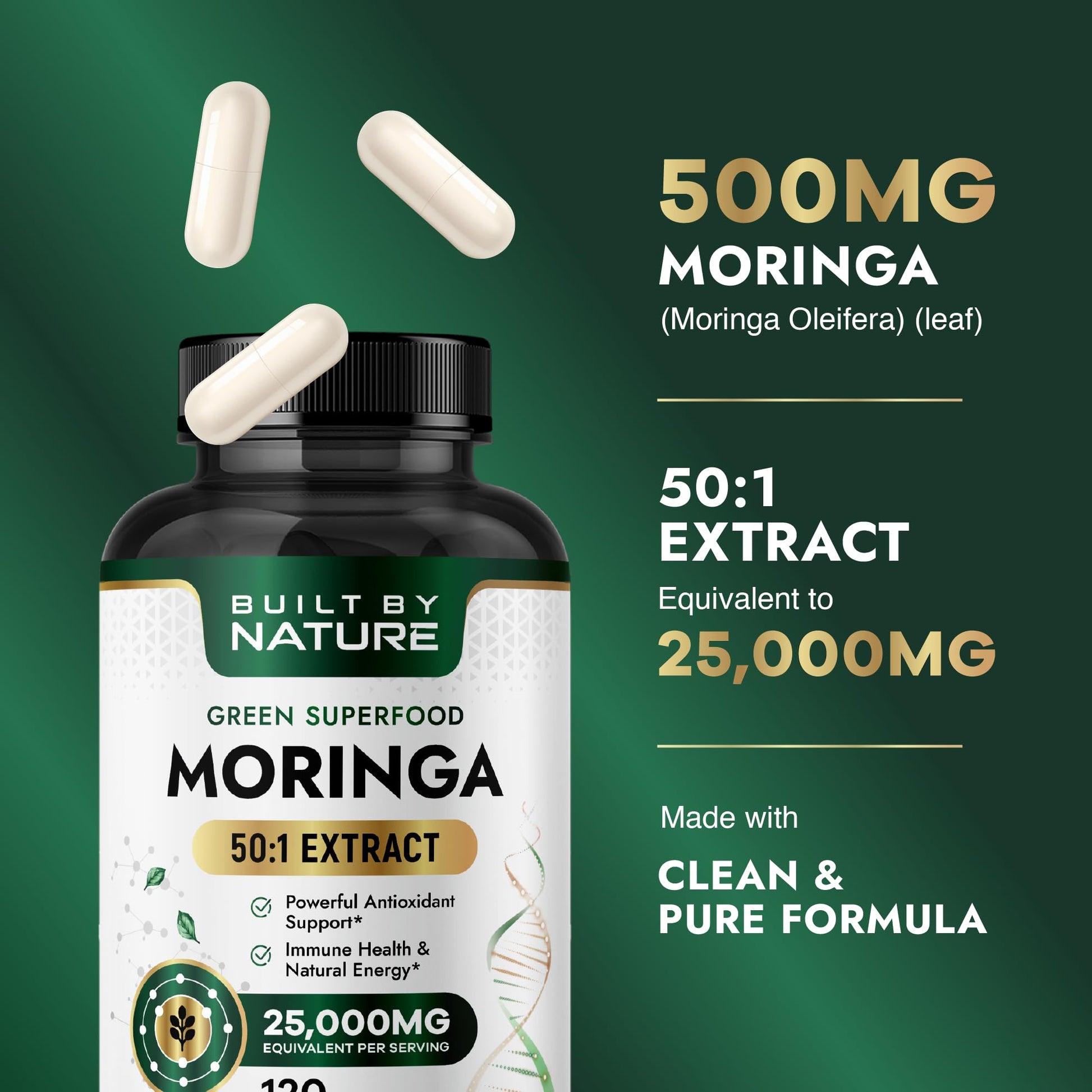 Built by Nature Moringa – 500mg Pure Moringa Leaf Extract 50:1 per Serving – High Potency Moringa Supplement – 120 Capsules Built by NatureBuy Supplements Australia