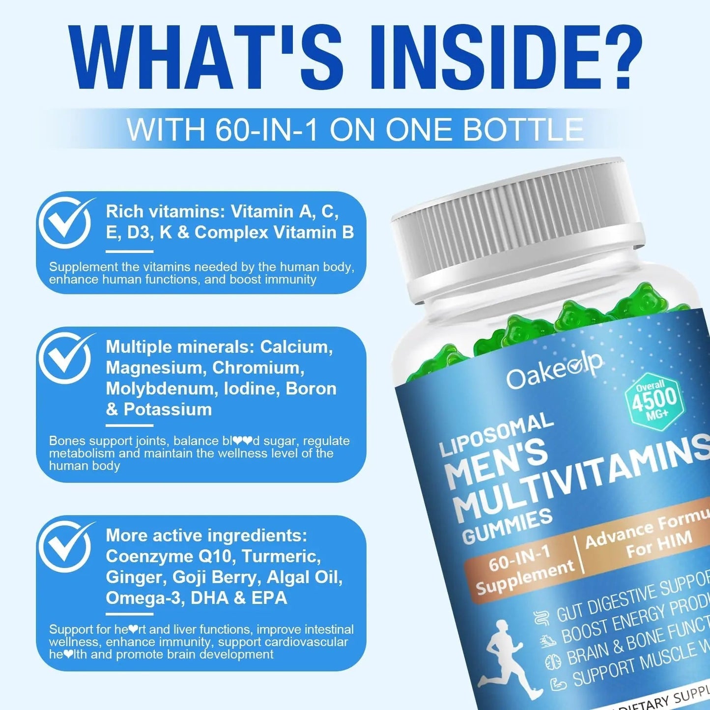 60-IN-1 Liposomal 120+ Nutrients Men's Multivitamin Gummy 4500MG+ Overall,300Billion Probiotics, Algal DHA, CoQ10, Turmeric & Herbal Blends OakevlpBuy Supplements Australia