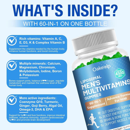 60-IN-1 Liposomal 120+ Nutrients Men's Multivitamin Gummy 4500MG+ Overall,300Billion Probiotics, Algal DHA, CoQ10, Turmeric & Herbal Blends OakevlpBuy Supplements Australia