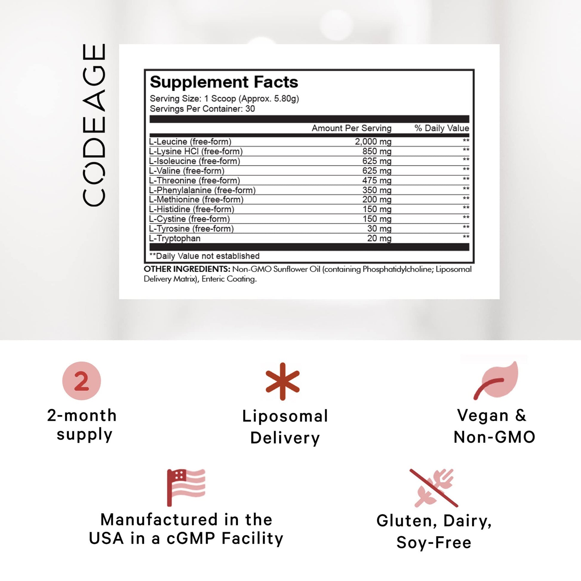 Codeage Liposomal Multi Amino Powder Supplement - BCAA & EAA Supplement All 9 Essential Amino Acids, Branched-Chain Amino Acid, Pre & Post Workout, Unflavored, Liposomal Delivery, Non-GMO, 6.15 oz CodeageBuy Supplements Australia