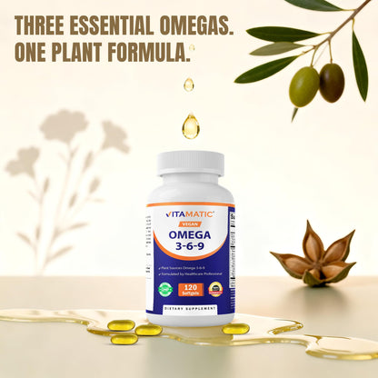 Vitamatic Vegan Omega 3-6-9 Complex 1250mg | Flaxseed, Olive, Borage & Algae Oils | Plant-Based Omegas | 120 Softgels VitamaticBuy Supplements Australia