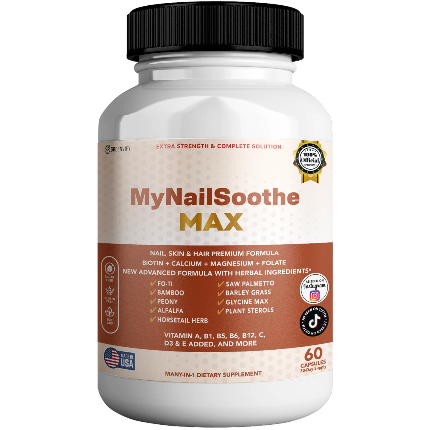 GREENVIFY MyNailSoothe MAX Hair, Skin & Nail Supplement, 60 Capsules, with Biotin 5000mcg, Vitamins, Minerals & Herbal Blend (1) GREENVIFYBuy Supplements Australia