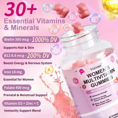 Vccvaa Sugar Free Multivitamin Gummies for Women 14+ with Iron, Inositol, Folate, Vitamins A C D3 E B12 K2, Herbal & Mineral Blend VccvaaBuy Supplements Australia