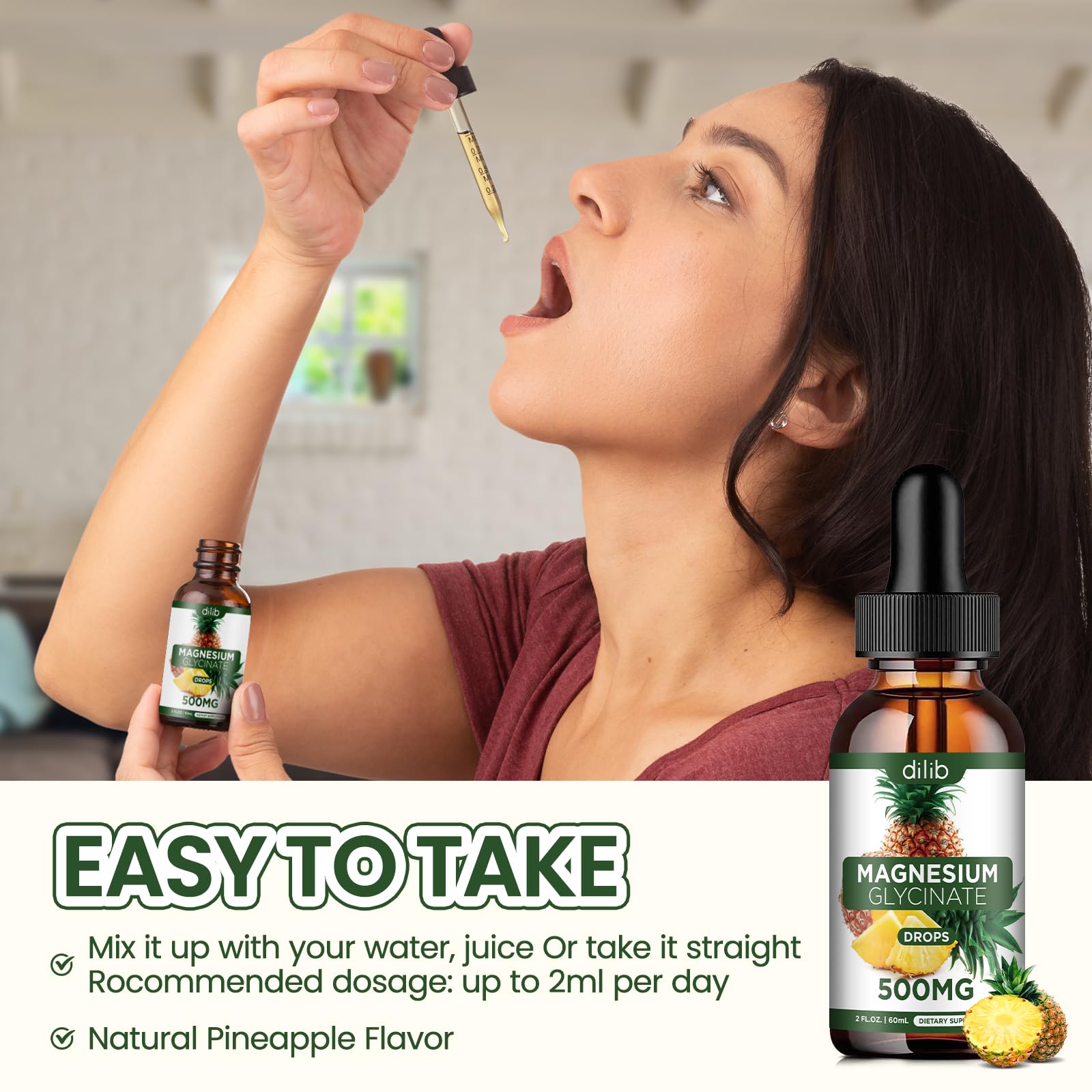Magnesium Glycinate Supplement, Liquid Magnesium Glycinate Liquid Drops 500mg-Support Stress Relief, Relaxation, Mood, Sleep, Bone & Muscle-2 Fl Oz, Vegan, Pineapple Flavor dilibBuy Supplements Australia