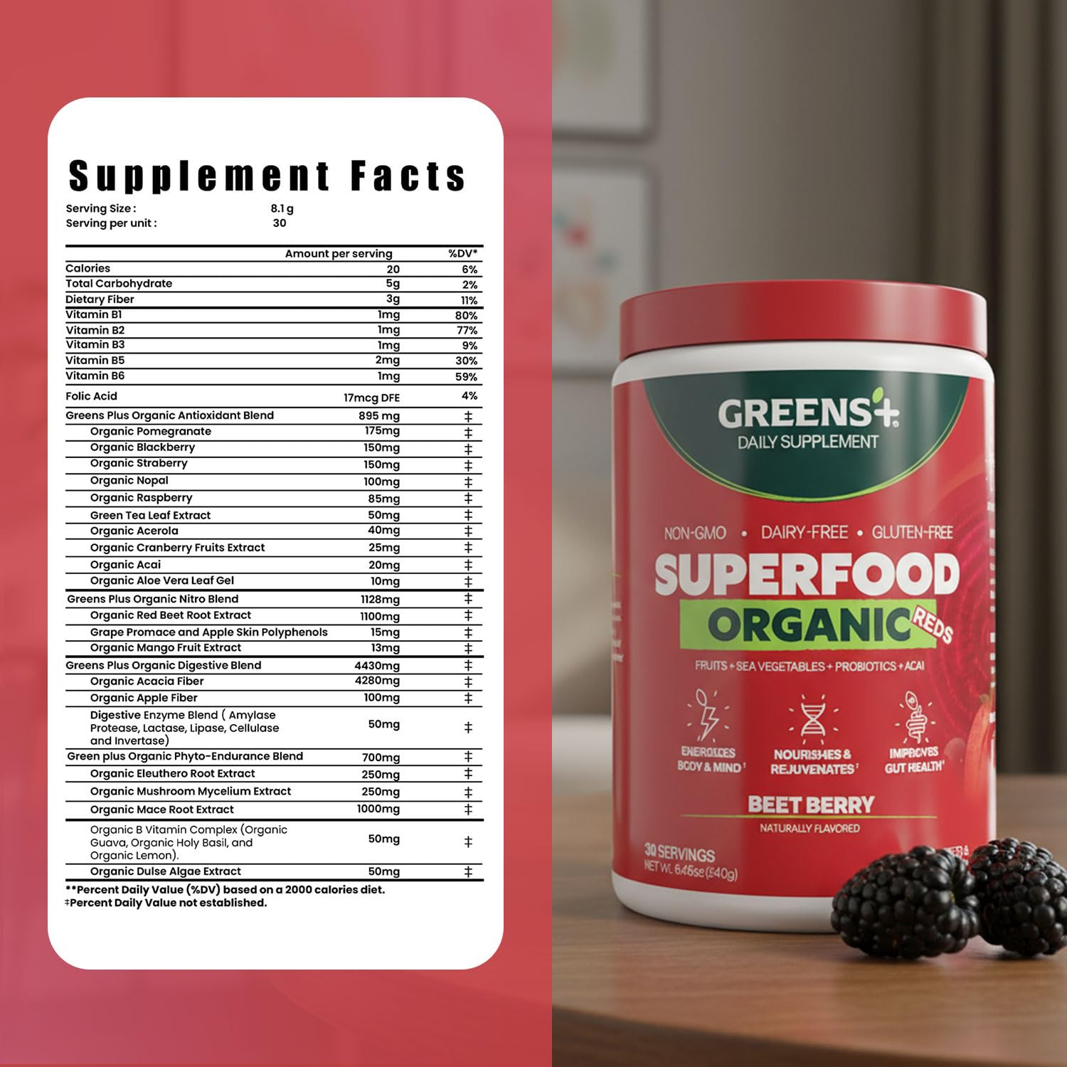 Greens+ Organic Reds Superfood Powder, Antioxidant, Polyphenol, Blend for Morning Kick, Energy, Vitality Boost, Nutrition, Vibrant Health, Vegan Soy/Dairy/Gluten Free(8.46oz) Greens+Buy Supplements Australia