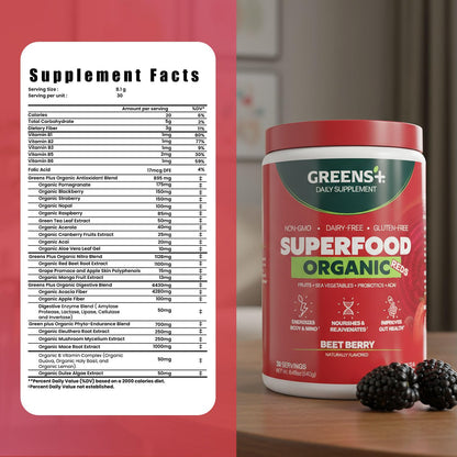 Greens+ Organic Reds Superfood Powder, Antioxidant, Polyphenol, Blend for Morning Kick, Energy, Vitality Boost, Nutrition, Vibrant Health, Vegan Soy/Dairy/Gluten Free(8.46oz) Greens+Buy Supplements Australia