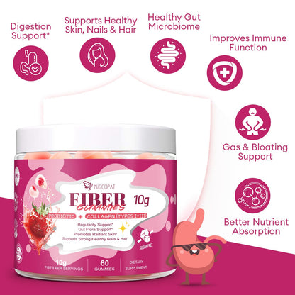 Migcopat 10G Fiber Gummies with Collagen Peptides, Hyaluronic Acid, Vitamin C, ACV, 30 Billion CFU Probiotics – Sugar Free Collagen Gummy for Skin, Hair & Nails
