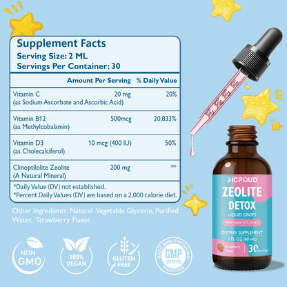 Ficpoud Zeolite Detox for Kids & Adults – Pure Zeolite clinoptilolite Liquid Drops with Vitamin B12, C & D3 – Gentle Daily Cleanse for Gut, Immune, Energy & Speech Support, Strawberry Flavor, 2 Fl Oz FicpoudBuy Supplements Australia