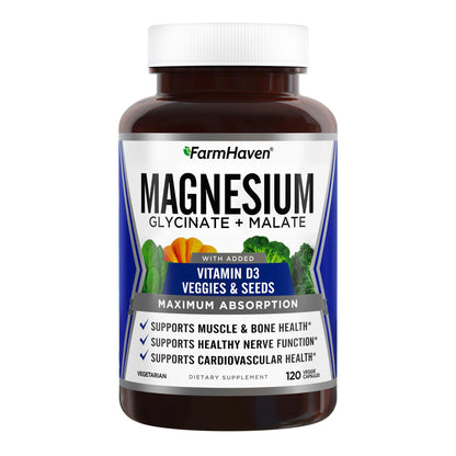 FarmHaven Magnesium Complex –Magnesium Glycinate & Malate w/Vitamin D3, 100% Chelated for Max Absorption, Vegetarian – Bone Health