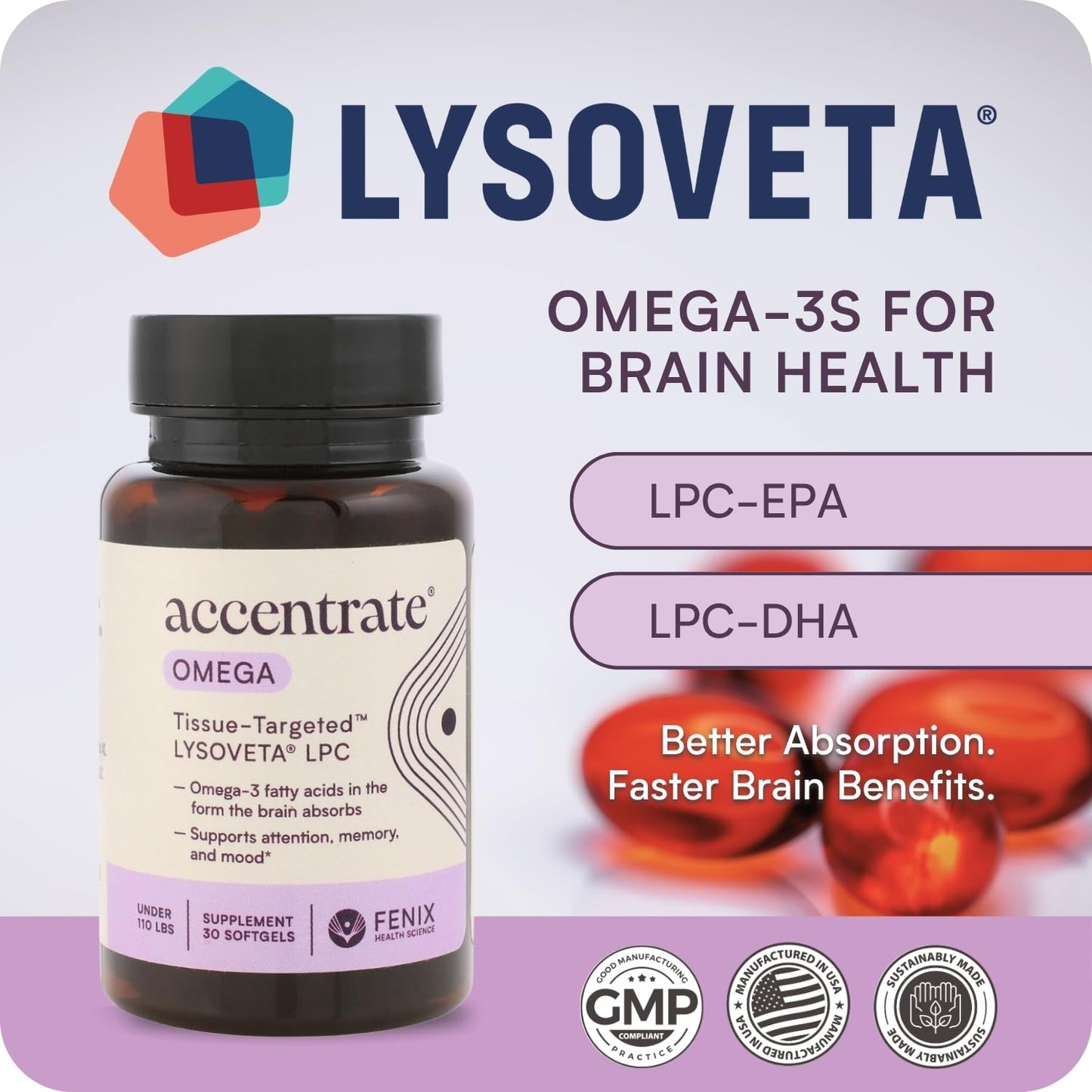 Omega w/LYSOVETA LPC | EPA & DHA Supplements for Brain Health | Focus, Attention, Memory, & Mood | 6X Higher Absorption Than Fish Oil | Omega-3 Fatty Acid Supplements | Highest Potency LPC-DHA AccentrateBuy Supplements Australia