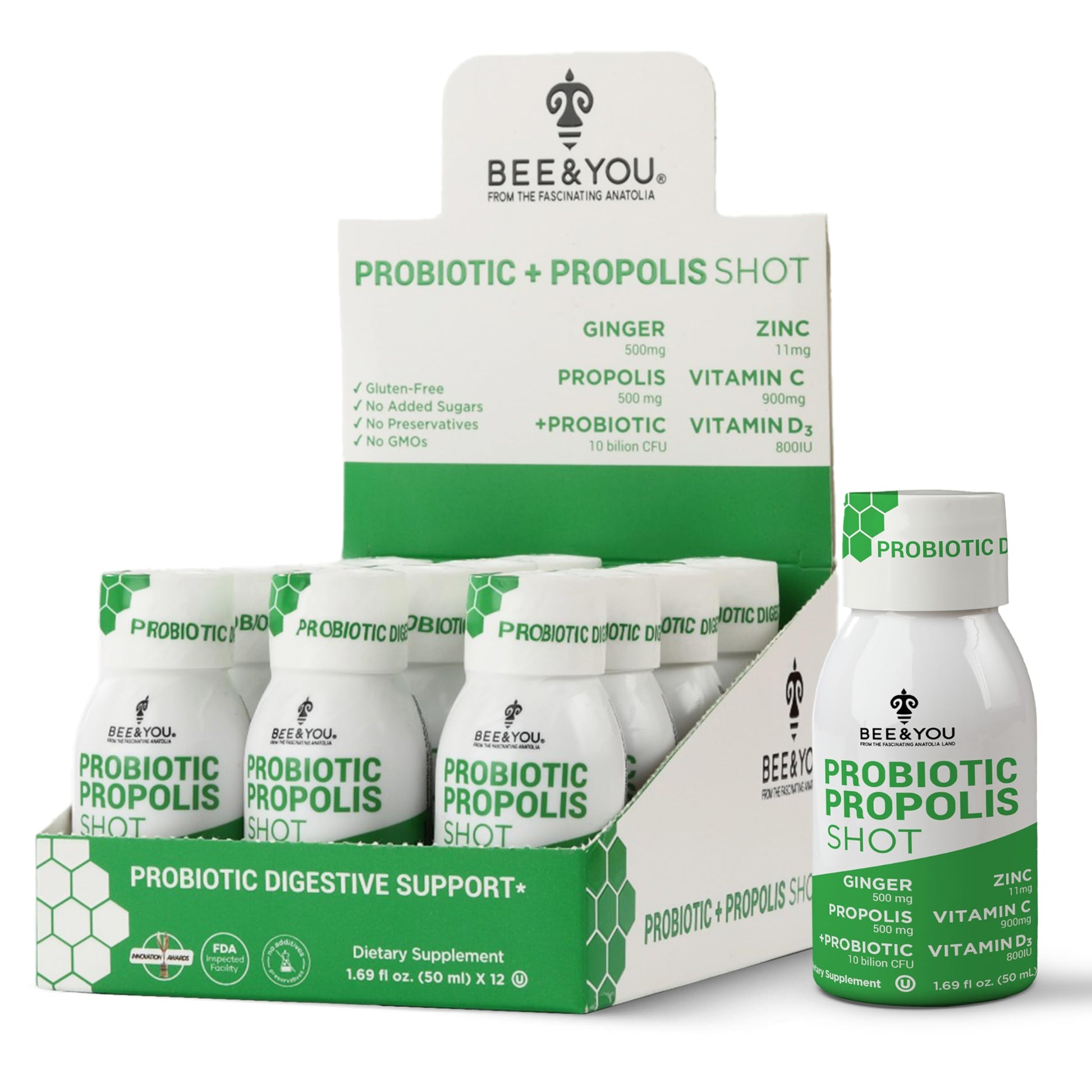 Bee and You Propolis Immune Shot, Probiotic, Vitamin C, Vitamin D3, Zinc, Ginger, Immune Support, Gut Health, Digestive Health, Bioactive 1.69 Fl. oz, 12 Pack BEE & YOUBuy Supplements Australia