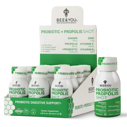 Bee and You Propolis Immune Shot, Probiotic, Vitamin C, Vitamin D3, Zinc, Ginger, Immune Support, Gut Health, Digestive Health, Bioactive 1.69 Fl. oz, 12 Pack BEE & YOUBuy Supplements Australia